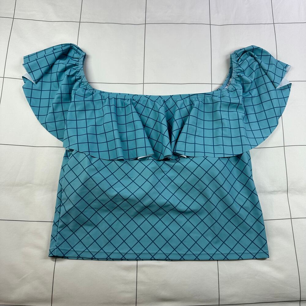 Kortni Jeane Swim Top Womens 2XL Blue Grid Print Ruffle Around Padded Shelf Pool